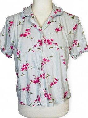 Y2K Sarah Bentley Intimates Size XL Floral Button Down Shirt Top Light Blue Pink